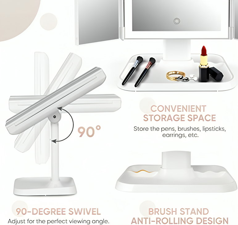 精密メイク用の3つ折りLEDミラー