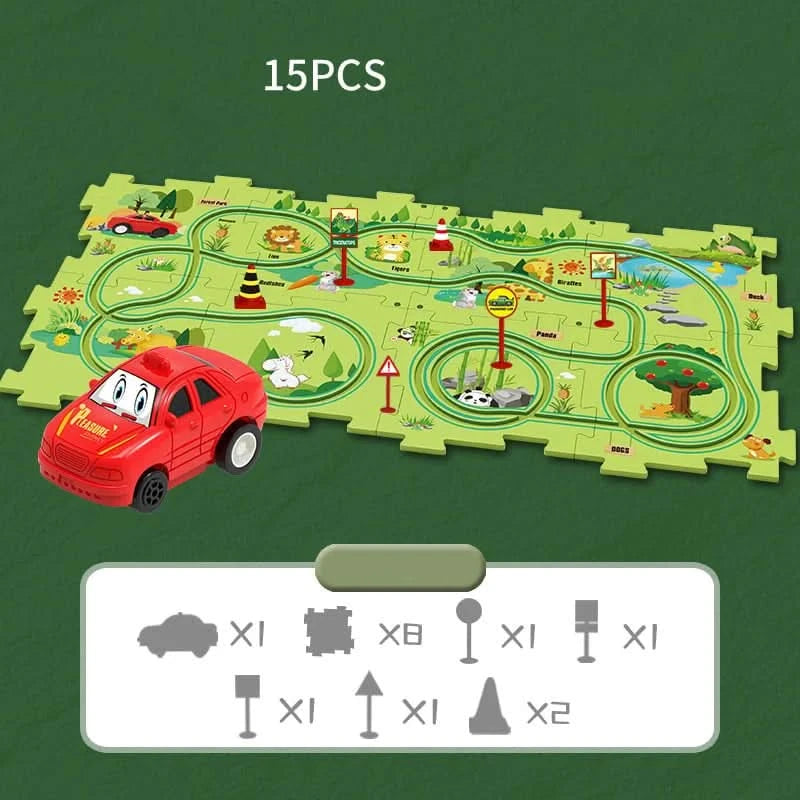 Circuit-puzzle educativo com veículos elétricos 