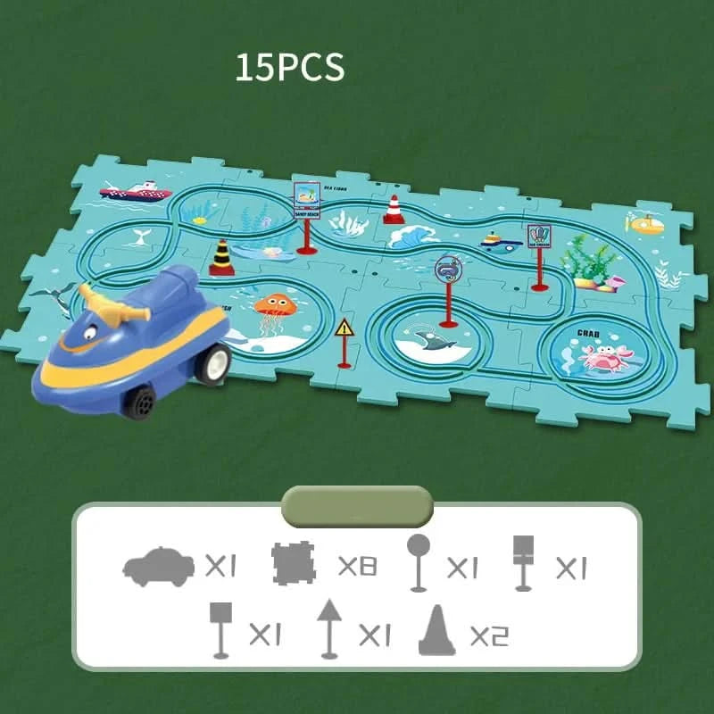Circuit-puzzle educativo com veículos elétricos 