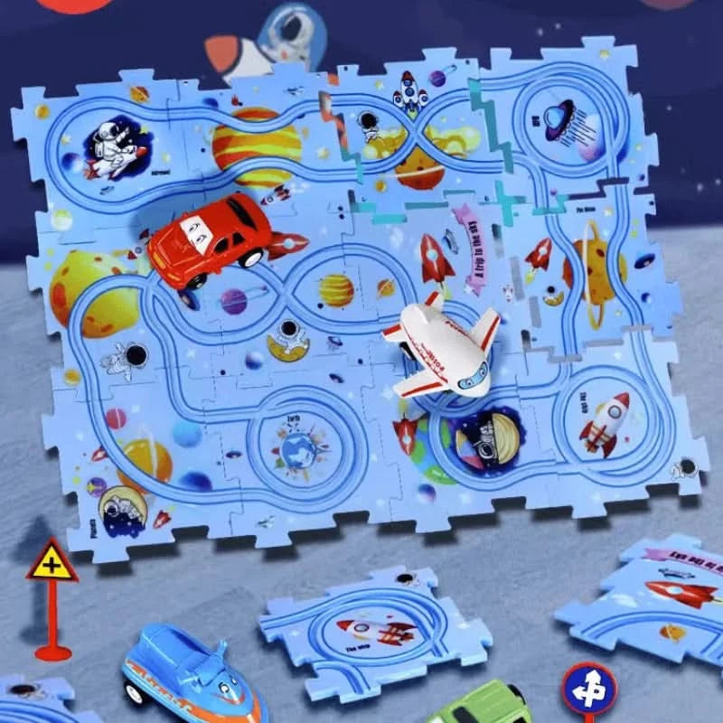 Circuit-puzzle educativo com veículos elétricos 