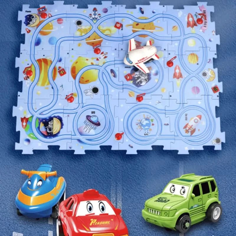 Circuit-puzzle educativo com veículos elétricos 