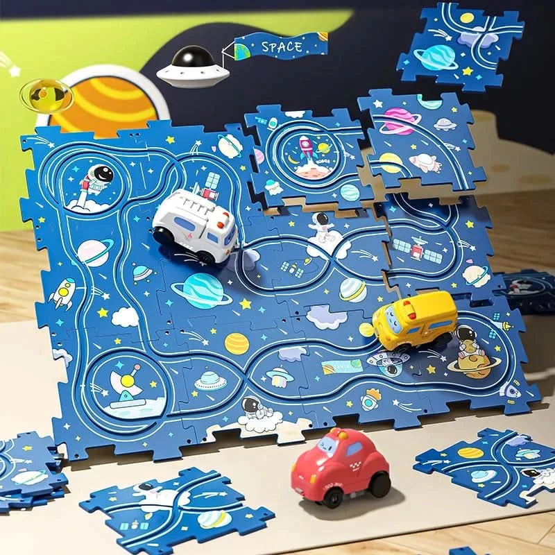 Circuit-puzzle educativo com veículos elétricos 